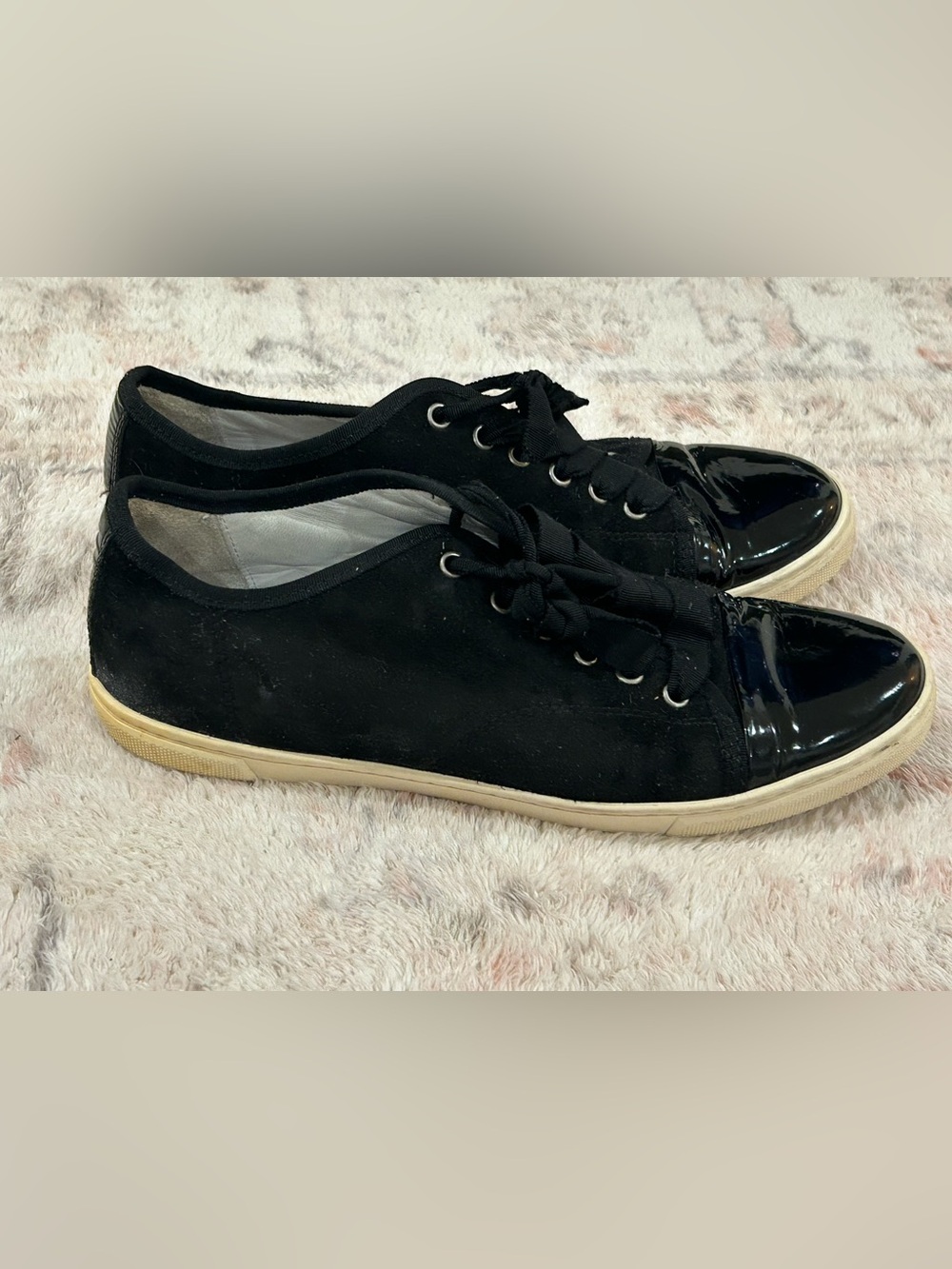 Lanvin Paris Black Suede Patent Cap Toe Sneakers Size 40